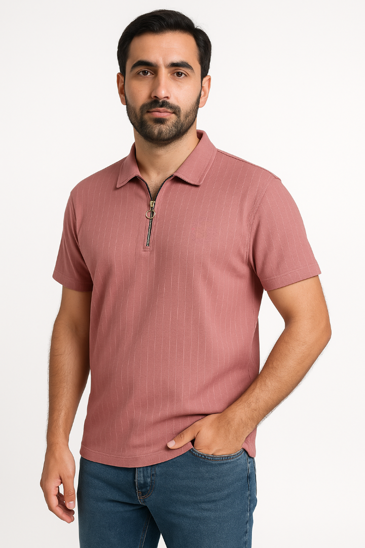Zip-Up Collar Polo T-Shirt
