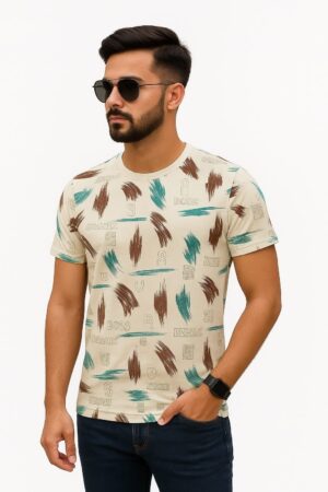 Trendy Men’s Linen T-Shirt – Brown & Dark Green Brush Print
