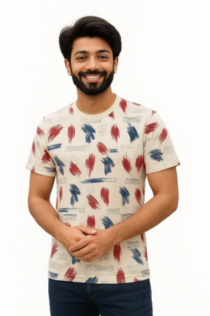 Trendy Men’s Linen T-Shirt – Blue & Green  Brush Print