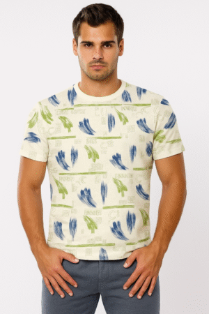 Men’s Linen T-Shirt with Modern Blue & Green  Brush Print