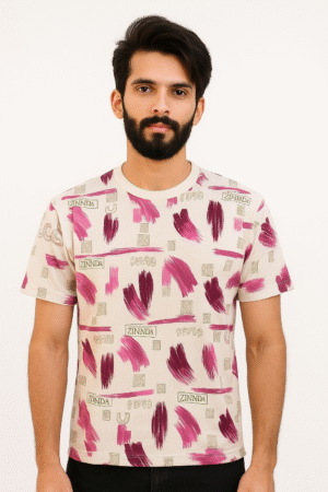 Trendy Men’s Linen T-Shirt – Magenta & Dark Pink Brush Print