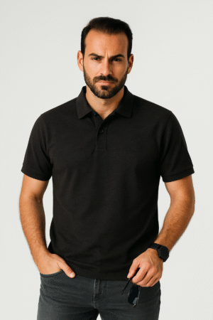 Men Solid Polo Neck Linen Blend Black T-Shirt