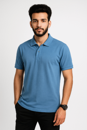 Men Solid Polo Neck Linen Blend Blue T-Shirt
